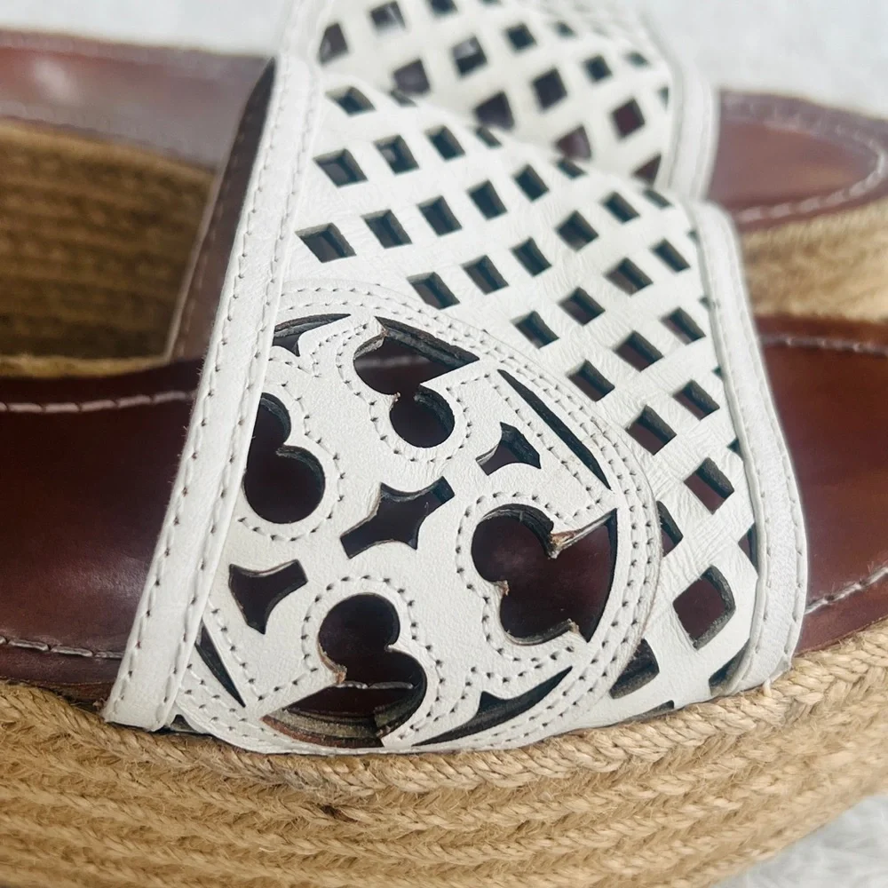 Tory Burch Sz 9 White Leather Logo Espadrille Wedge Platform Sandals Slide
